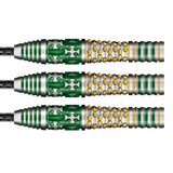 Close-up of 90% tungsten dart barrels with green and gold grip pattern, showing textured rings and precision machining, isolated on white.
