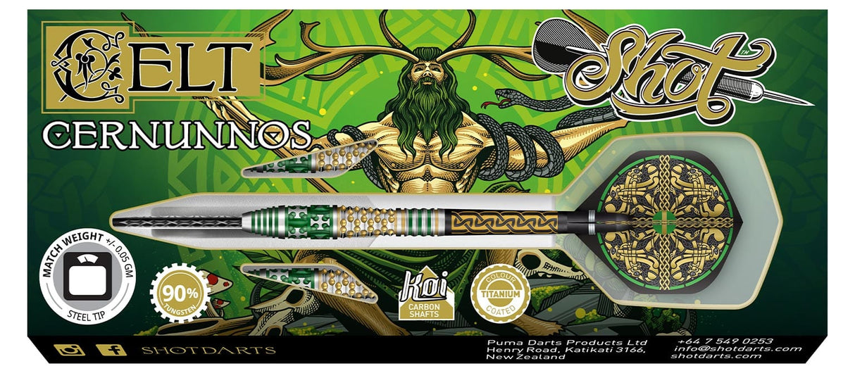 Celt Cernunnos 90% tungsten steel tip darts set in retail box, showing intricate green and gold barrel grip and Celtic patterned flights.