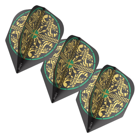 Three Celt Cernunnos No.6 dart flights angled to show Celtic gold design and black edges on white background