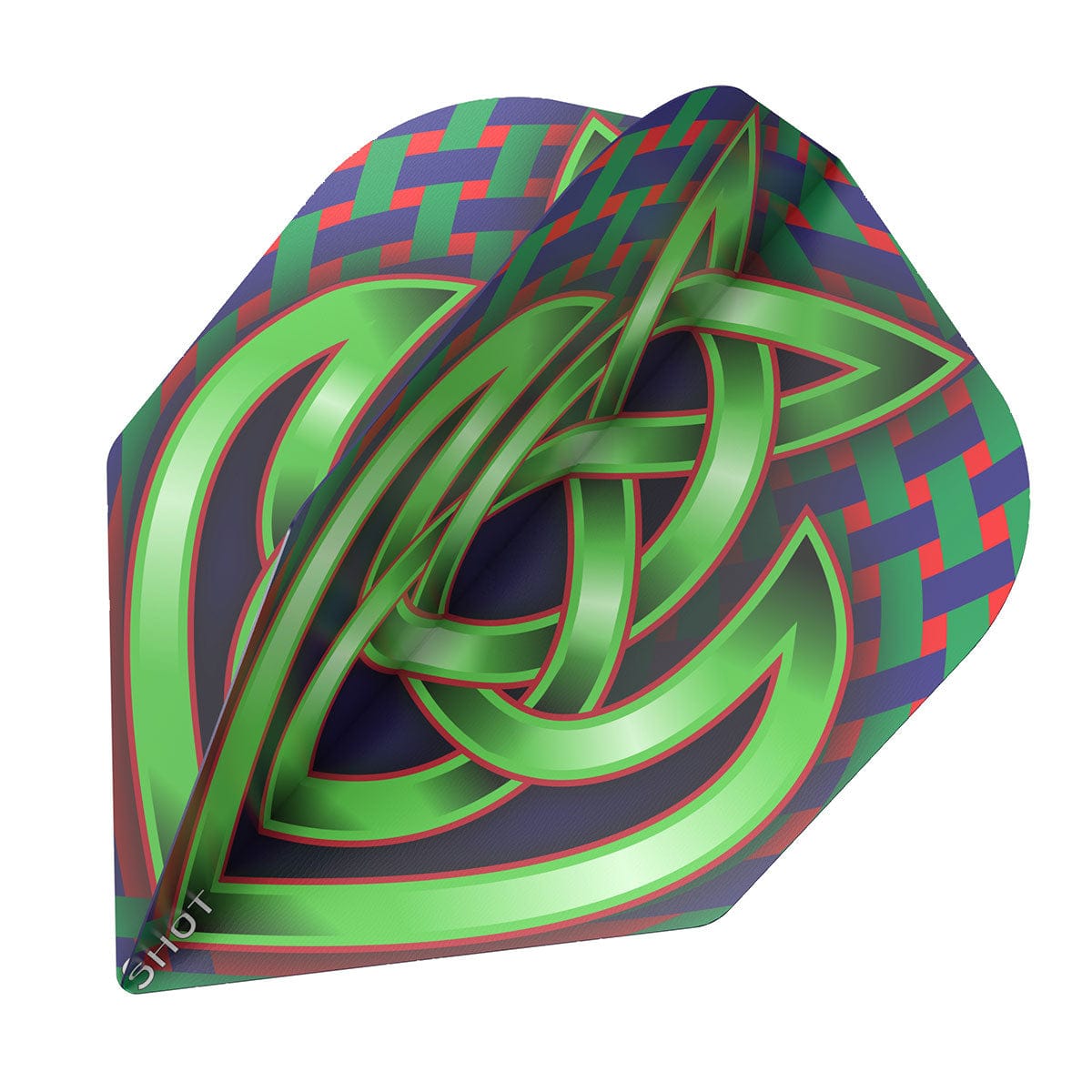 Close-up of Celt Claymore No.6 dart flight featuring green Celtic knot design and basket weave pattern, isolated on white