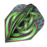 Close-up of Celt Claymore No.6 dart flight featuring green Celtic knot design and basket weave pattern, isolated on white