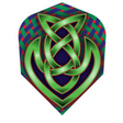 Dart flight full view with bold Celtic knot pattern, green weave detailing, isolated on white for dart accessories buyers