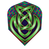Dart flight full view with bold Celtic knot pattern, green weave detailing, isolated on white for dart accessories buyers