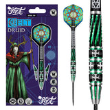 Steel tip tungsten dart with Celtic-themed flights in retail packaging, close-up highlighting green textured grip barrel
