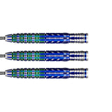 Three 95% tungsten darts in side view, blue and green precision barrels with detailed grip pattern, isolated on white background