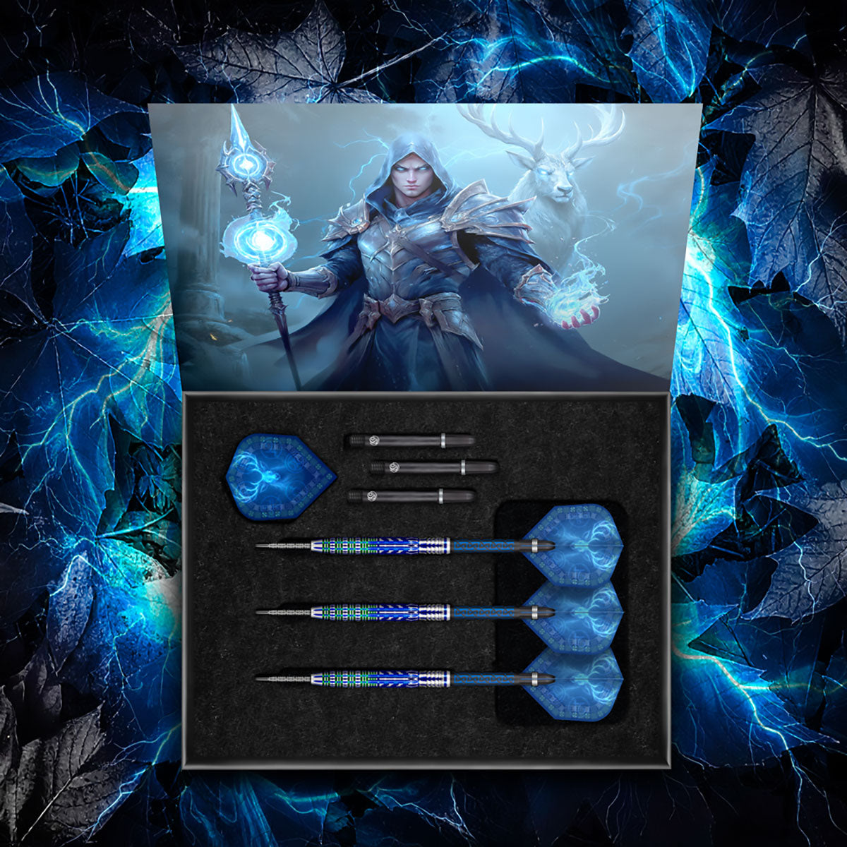 Boxed set of 95% tungsten darts displayed with blue Celtic-themed flights, extra shafts and flights, fantasy art insert, full product view