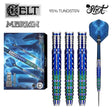 Celt Merlin 95% tungsten darts set displayed with box, highlighting blue and green grip barrels and intricate flights on white background