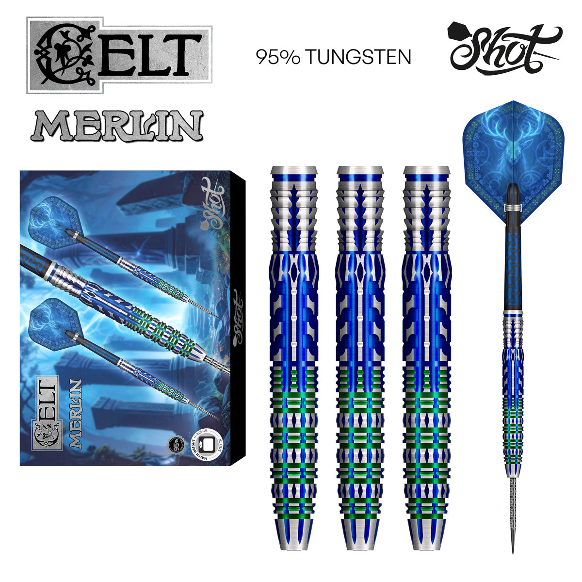 Celt Merlin 95% tungsten darts set displayed with box, highlighting blue and green grip barrels and intricate flights on white background
