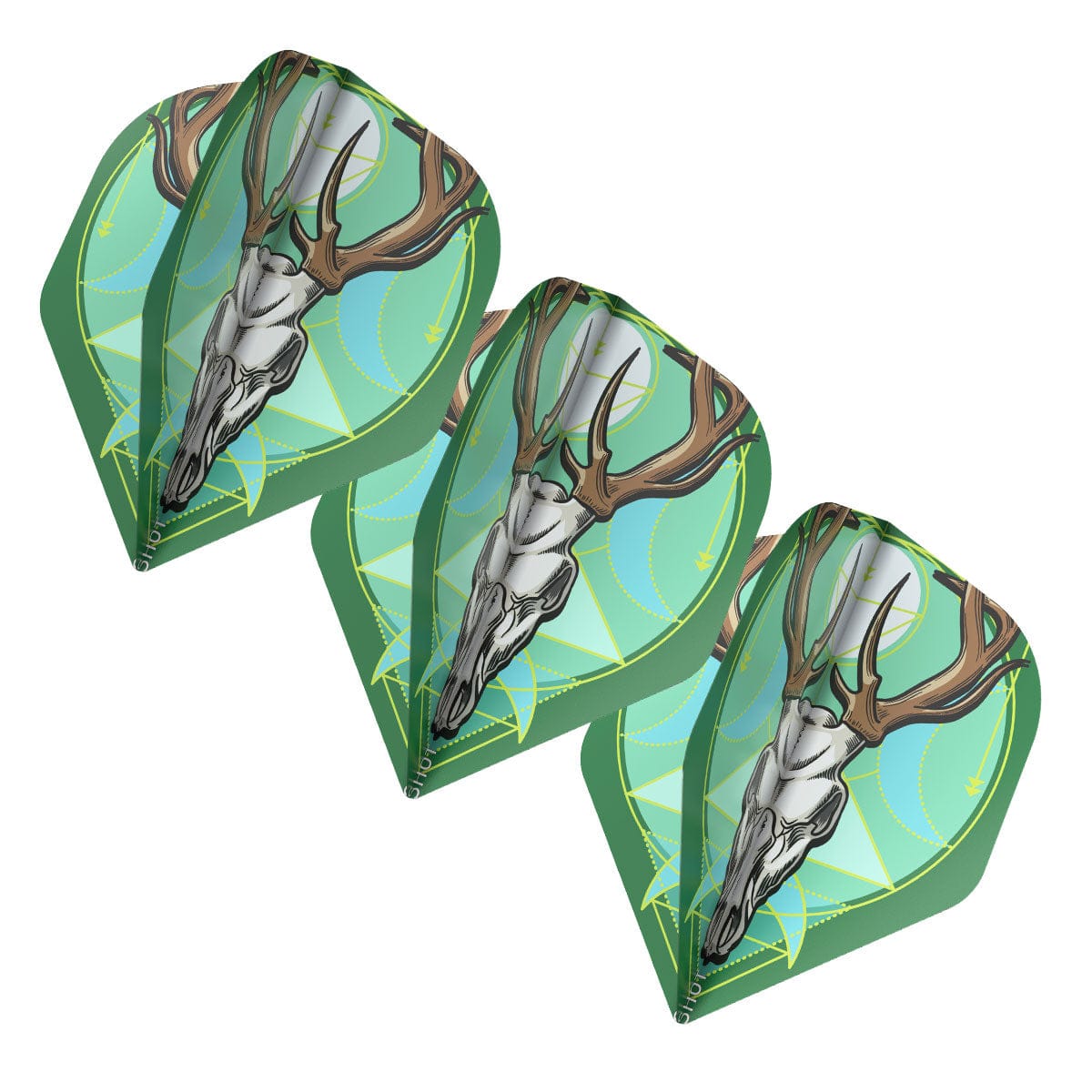 Three Celt Stag No.2 dart flights angled in a row, showcasing detailed antler skull design and durable 100 micron material on white background