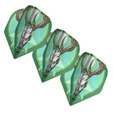 Three Celt Stag No.2 dart flights angled in a row, showcasing detailed antler skull design and durable 100 micron material on white background