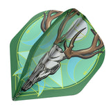 Close-up angled view of Celt Stag No.2 dart flight showing detailed stag skull design on durable 100 micron flight