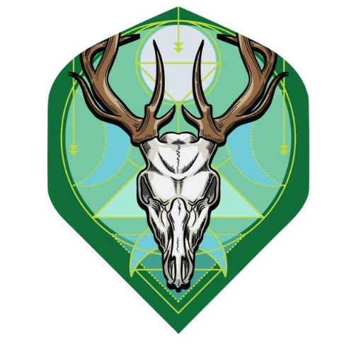 Full dart flight with stag skull design, green edges, geometric pattern, isolated on white background for dart accessories