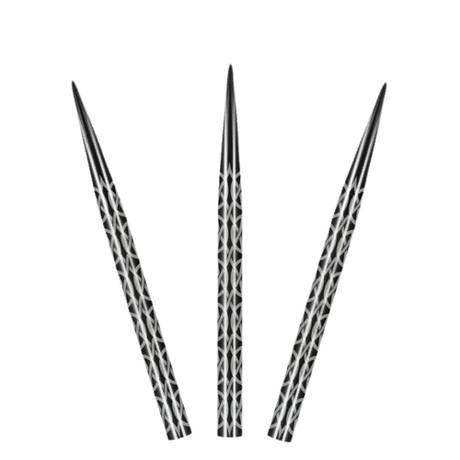 Three steel tip dart points with Celtic knot grip pattern arranged on white background for dartboard accuracy and enhanced control