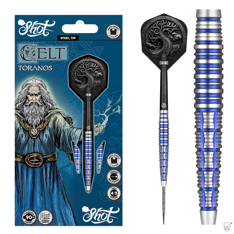 Steel tip tungsten dart in retail packaging with detailed blue silver barrel, close-up grip rings, Celtic flight design