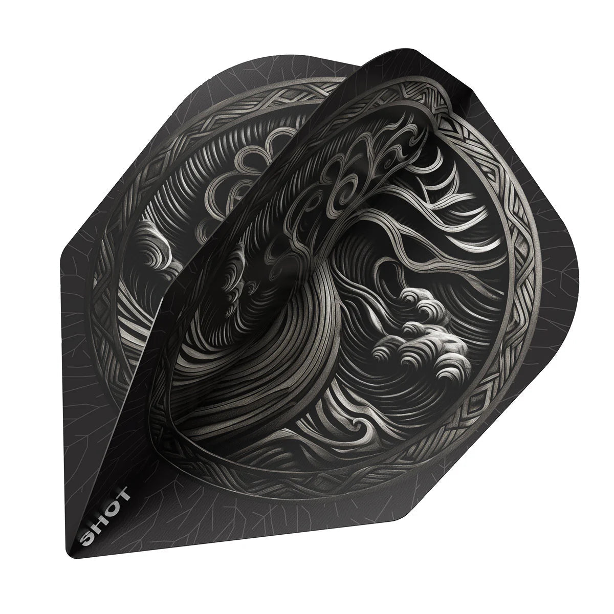 Close-up angled view of No.6 dart flight with detailed Celtic design, high-strength 100 micron material, isolated on white background