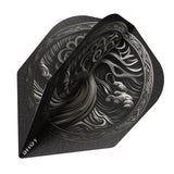 Close-up angled view of No.6 dart flight with detailed Celtic design, high-strength 100 micron material, isolated on white background