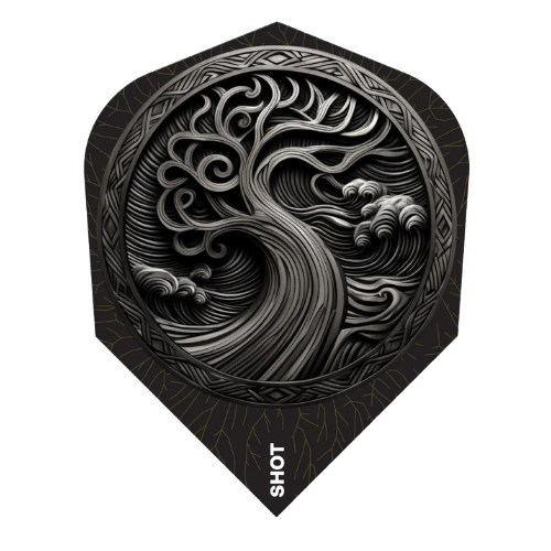 Single No.6 dart flight with intricate Celtic tree and wave design, full view isolated on white, 100 micron durable dart accessory