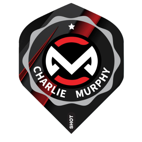 Shot Charlie Murphy No.2 dart flight upright on a white background, black with white and red logo