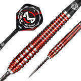 Close-up showing red grooved tungsten dart barrels, spiral precision tip, and custom Charlie Murphy flight, ideal for professional dart players