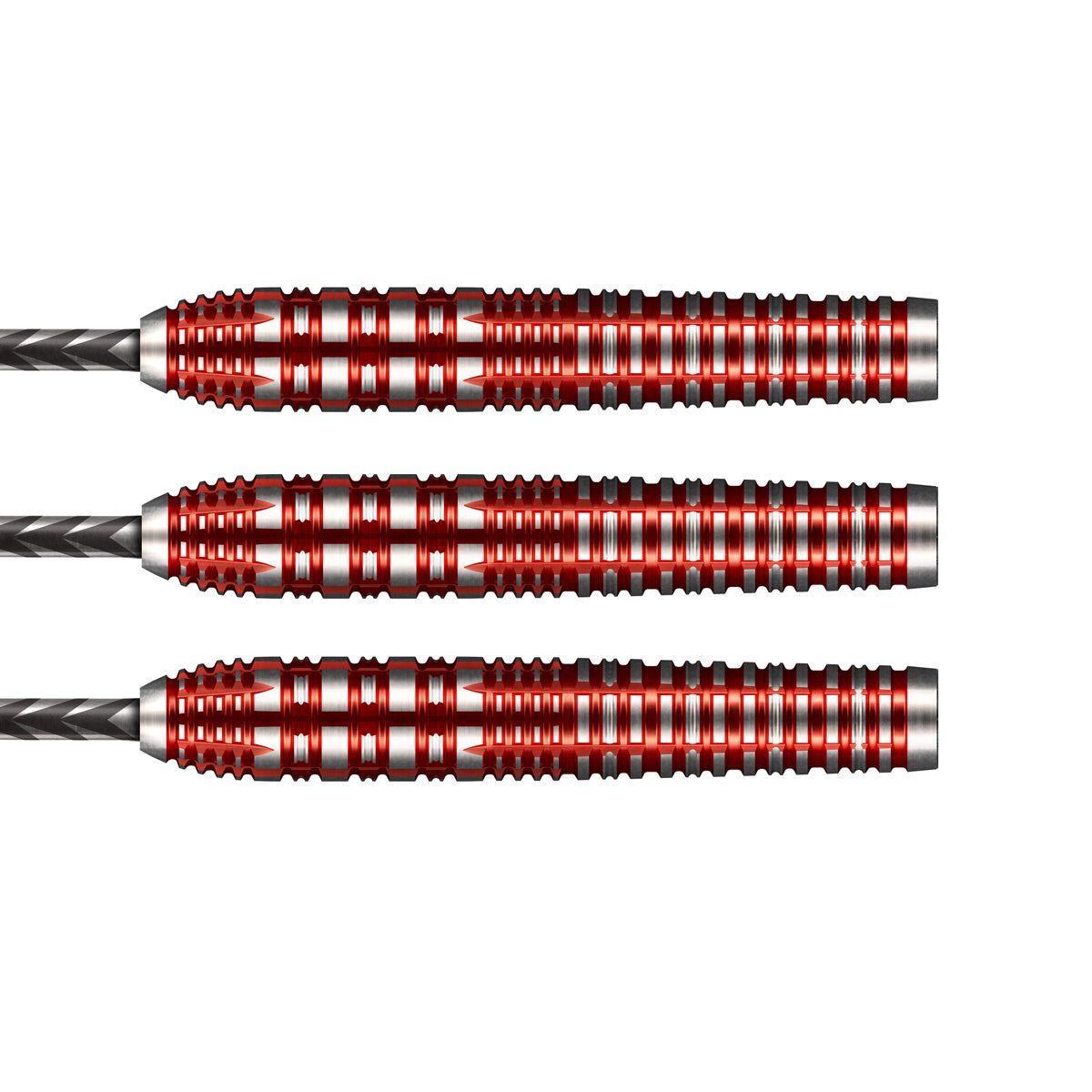 Three 90% tungsten darts aligned side by side on white background, displaying red precision-milled barrels and deep grip grooves.