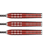 Three 90% tungsten darts aligned side by side on white background, displaying red precision-milled barrels and deep grip grooves.