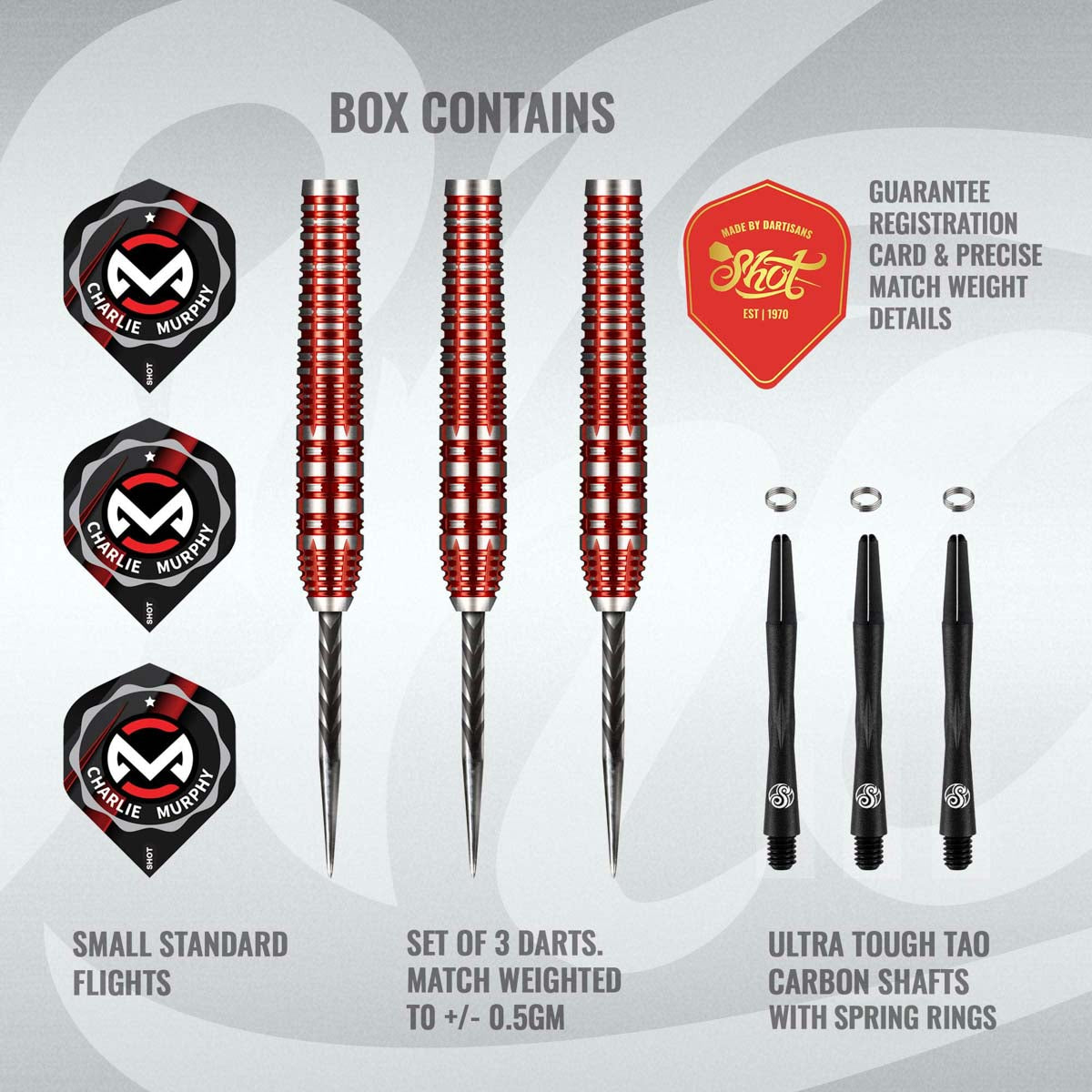 Flat lay of 90% tungsten darts set with grooved barrels, carbon shafts, standard flights, spring rings, and guarantee card