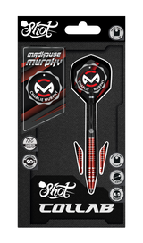90% tungsten darts in retail packaging with carbon shafts, front-balanced grip, and striking red-black barrel, featuring Charlie Murphy flight design