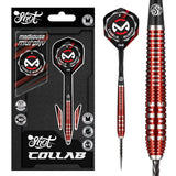 Retail packaging and close-up of 90% tungsten dart with red-ringed grip, carbon shaft, Charlie Murphy logo flight, pro dart equipment