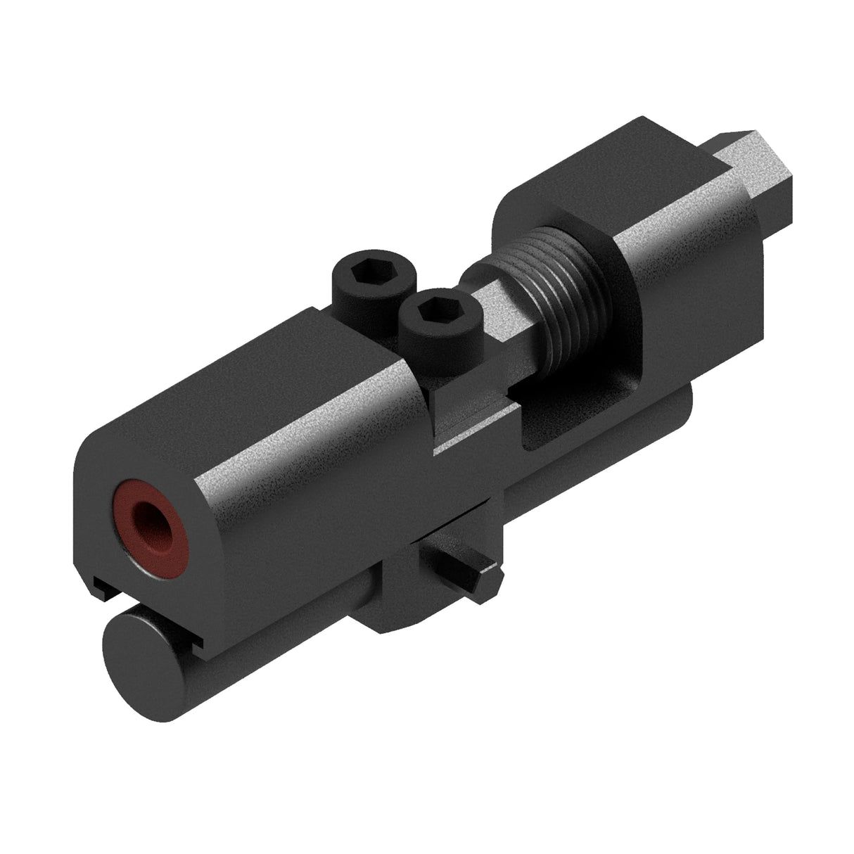 Angled view of dart repointer multi tool showing adjustment screws, threaded barrel, and hex end for precise dart point removal