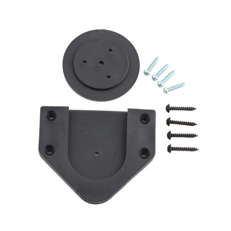Dartboard rotation bracket kit with U holder, round mounting plate, and screws arranged on white background for easy installation