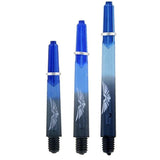 Three blue polycarbonate dart shafts in small, medium, and large sizes, wing engraving, silver rings, isolated on white