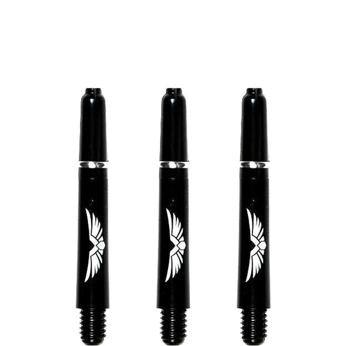 Set of three black polycarbonate dart shafts with white eagle wing design, full product view on white background