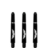 Set of three black polycarbonate dart shafts with white eagle wing design, full product view on white background