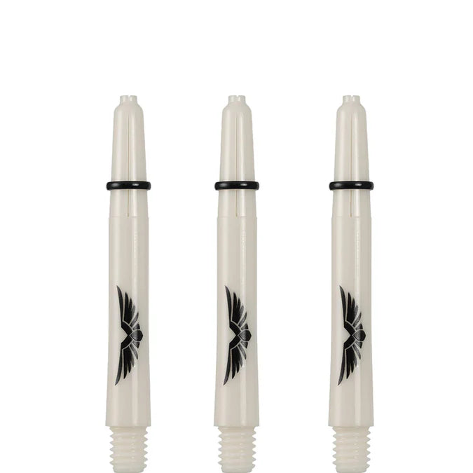 Three white polycarbonate dart shafts with eagle wing logo, O-ring grip, full front view on white background