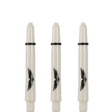 Three white polycarbonate dart shafts with eagle wing logo, O-ring grip, full front view on white background