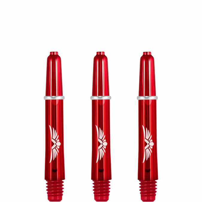 Red dart shafts set of three with engraved wing design, polycarbonate build, 2BA threads, displayed on white background