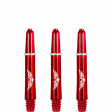 Red dart shafts set of three with engraved wing design, polycarbonate build, 2BA threads, displayed on white background