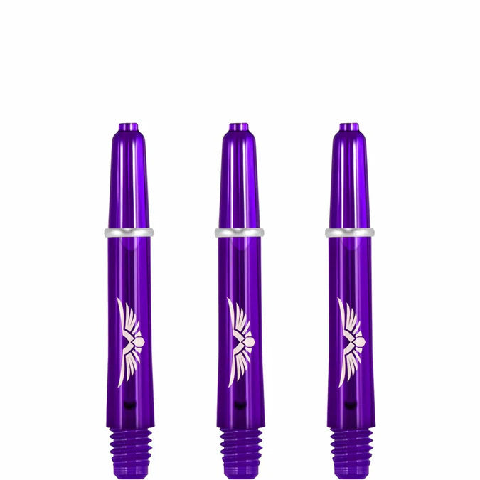Three purple polycarbonate dart shafts with white wing graphics and 2BA threaded bases, aligned on white background