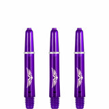 Three purple polycarbonate dart shafts with white wing graphics and 2BA threaded bases, aligned on white background