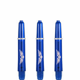 Blue polycarbonate dart shafts set of 3 with eagle design, 2BA threads, front full view on white background
