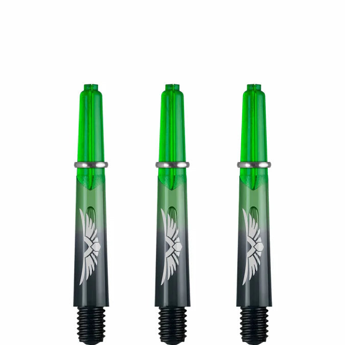 Set of three green polycarbonate dart shafts with deep flight slots and eagle wing graphics, isolated on white background