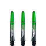 Set of three green polycarbonate dart shafts with deep flight slots and eagle wing graphics, isolated on white background