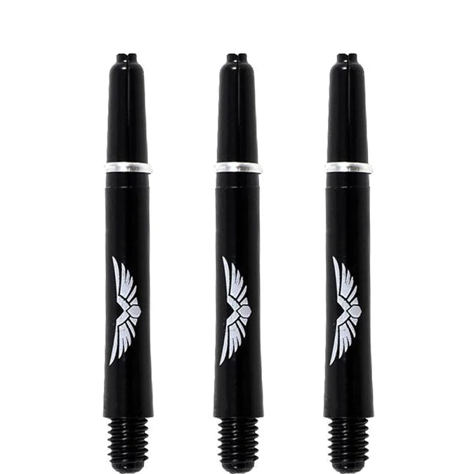 Three black polycarbonate dart shafts with wing graphics, deep cut flights slot, and 2BA threaded tips, isolated on white background