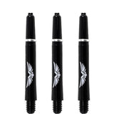 Three black polycarbonate dart shafts with wing graphics, deep cut flights slot, and 2BA threaded tips, isolated on white background
