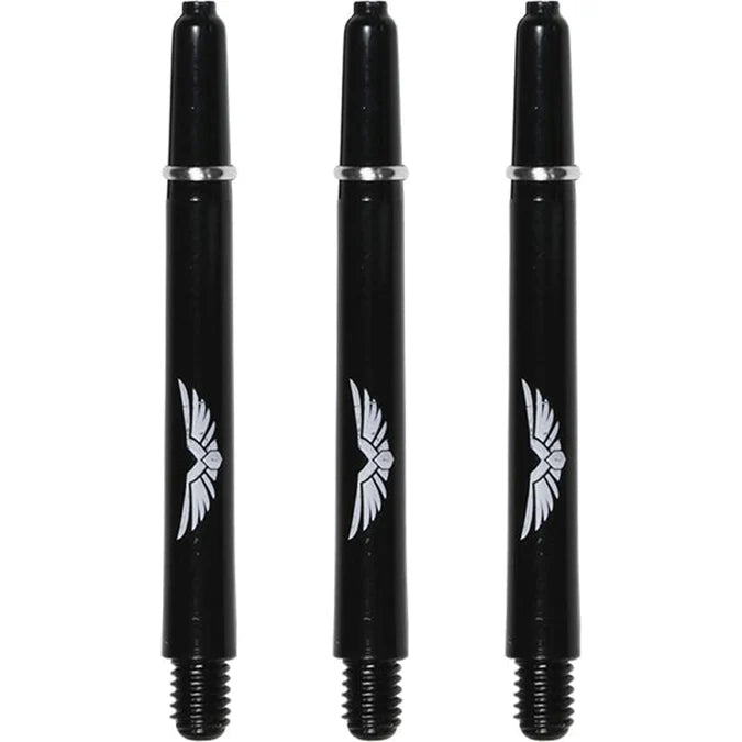 Three black polycarbonate dart shafts with eagle wing design and 2BA threads displayed upright on white background