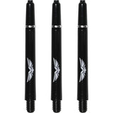 Three black polycarbonate dart shafts with eagle wing design and 2BA threads displayed upright on white background