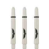 Three white polycarbonate dart shafts with eagle wing logo, 2BA threads, o-rings, isolated on white background, full set display
