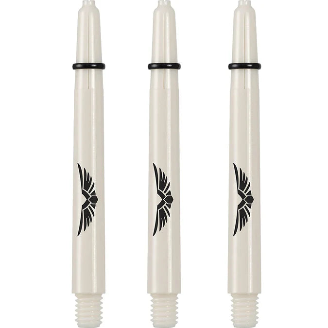Three white polycarbonate dart shafts with eagle wing logo, 2BA thread, O-rings, isolated on white background for dart accessories