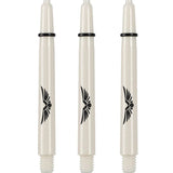 Three white polycarbonate dart shafts with eagle wing logo, 2BA thread, O-rings, isolated on white background for dart accessories