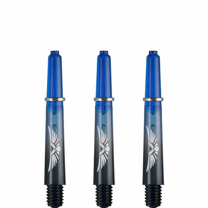 Three polycarbonate dart shafts with blue tops, black threaded bases, and silver ring grip, arranged upright on white background